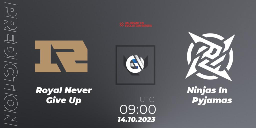 Pronósticos Royal Never Give Up - Ninjas In Pyjamas. 14.10.2023 at 09:00. VALORANT China Evolution Series Act 2: Selection - Play-In - VALORANT