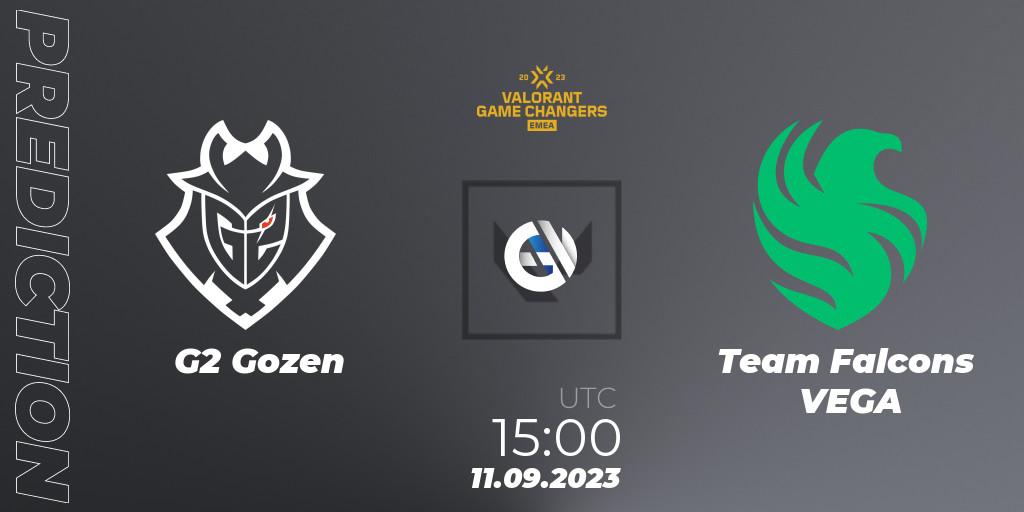 Pronósticos G2 Gozen - Team Falcons VEGA. 11.09.2023 at 15:10. VCT 2023: Game Changers EMEA Stage 3 - Group Stage - VALORANT