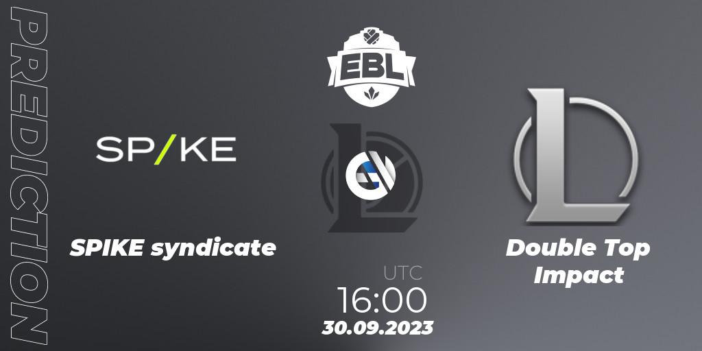 Pronósticos SPIKE syndicate - Double Top Impact. 30.09.2023 at 16:00. Esports Balkan League Pro-Am 2023 - LoL