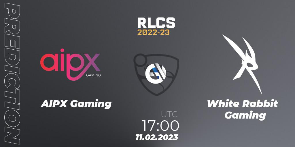 Pronósticos AIPX Gaming - White Rabbit Gaming. 11.02.2023 at 17:20. RLCS 2022-23 - Winter: Sub-Saharan Africa Regional 2 - Winter Cup - Rocket League
