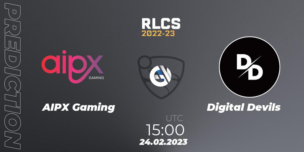 Pronósticos AIPX Gaming - Digital Devils. 24.02.2023 at 15:00. RLCS 2022-23 - Winter: Sub-Saharan Africa Regional 3 - Winter Invitational - Rocket League