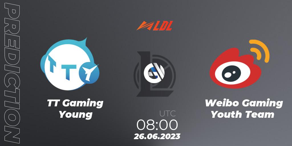 Pronósticos TT Gaming Young - Weibo Gaming Youth Team. 26.06.2023 at 08:55. LDL 2023 - Regular Season - Stage 3 - LoL