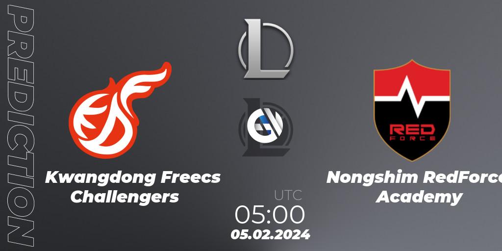 Pronósticos Kwangdong Freecs Challengers - Nongshim RedForce Academy. 05.02.2024 at 05:00. LCK Challengers League 2024 Spring - Group Stage - LoL