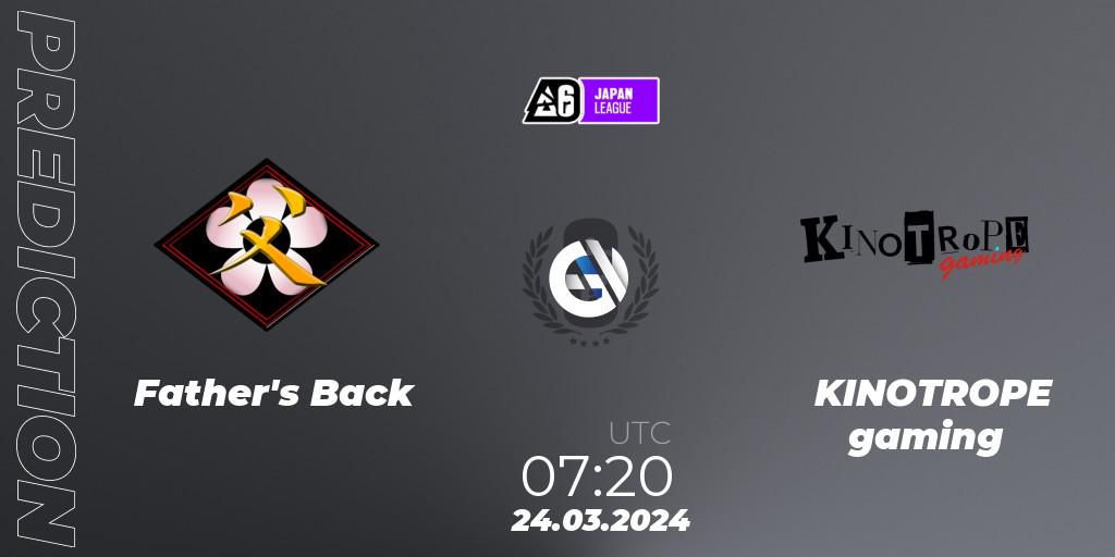 Pronósticos Father's Back - KINOTROPE gaming. 24.03.2024 at 09:00. Japan League 2024 - Stage 1 - Rainbow Six