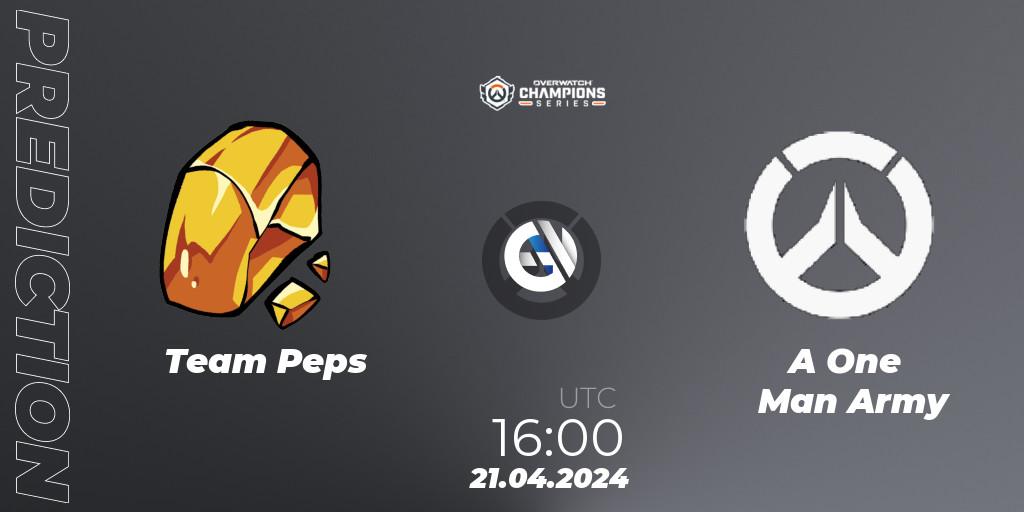 Pronósticos Team Peps - A One Man Army. 21.04.2024 at 16:00. Overwatch Champions Series 2024 - EMEA Stage 2 Group Stage - Overwatch
