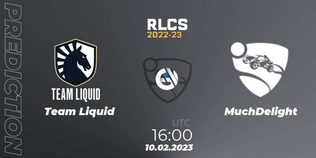 Pronósticos Team Liquid - MuchDelight. 10.02.2023 at 16:00. RLCS 2022-23 - Winter: Europe Regional 2 - Winter Cup - Rocket League