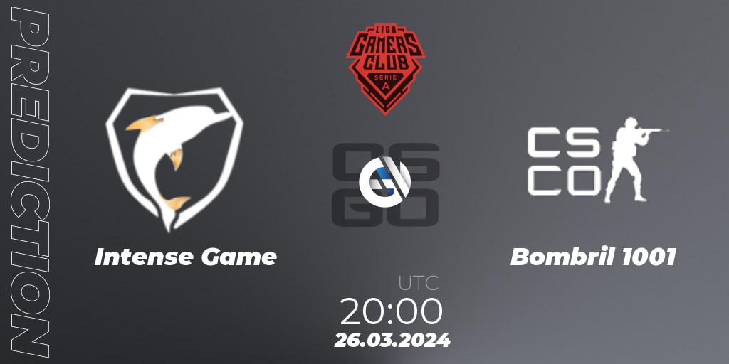 Pronósticos Intense Game - Bombril 1001. 26.03.2024 at 20:00. Gamers Club Liga Série A: March 2024 - Counter-Strike (CS2)