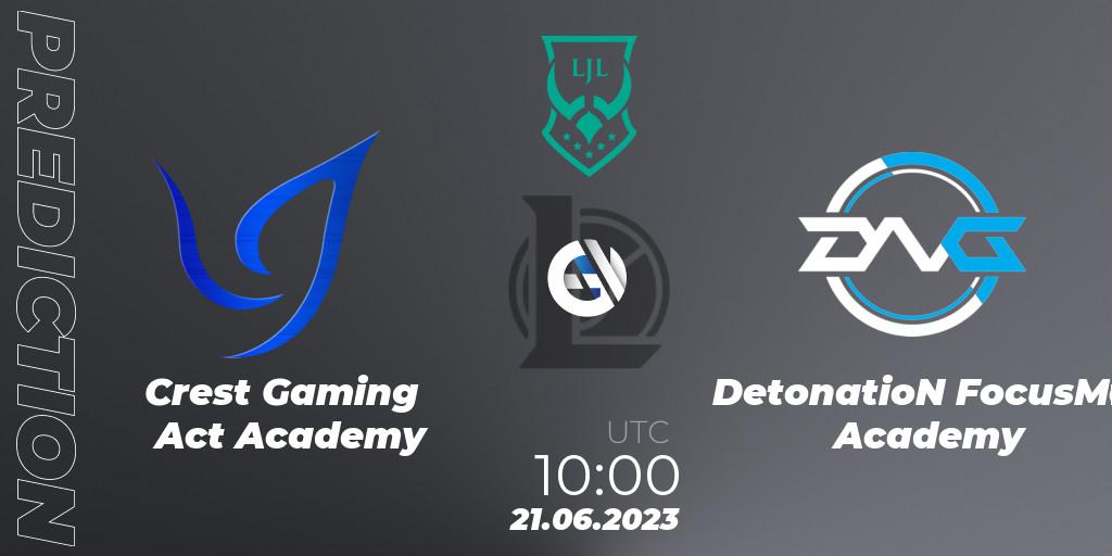 Pronósticos Crest Gaming Act Academy - DetonatioN FocusMe Academy. 21.06.2023 at 10:15. LJL Academy 2023 - Group Stage - LoL