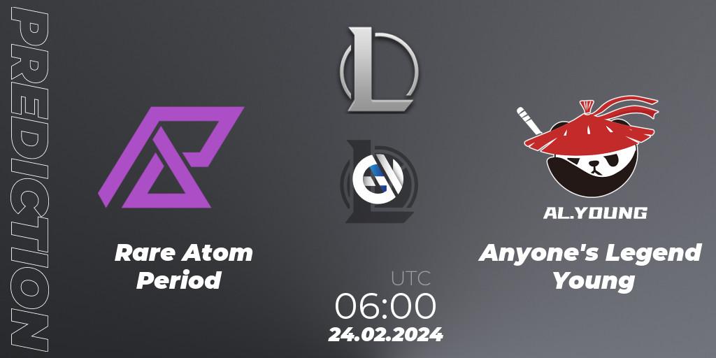 Pronósticos Rare Atom Period - Anyone's Legend Young. 24.02.2024 at 06:00. LDL 2024 - Stage 1 - LoL