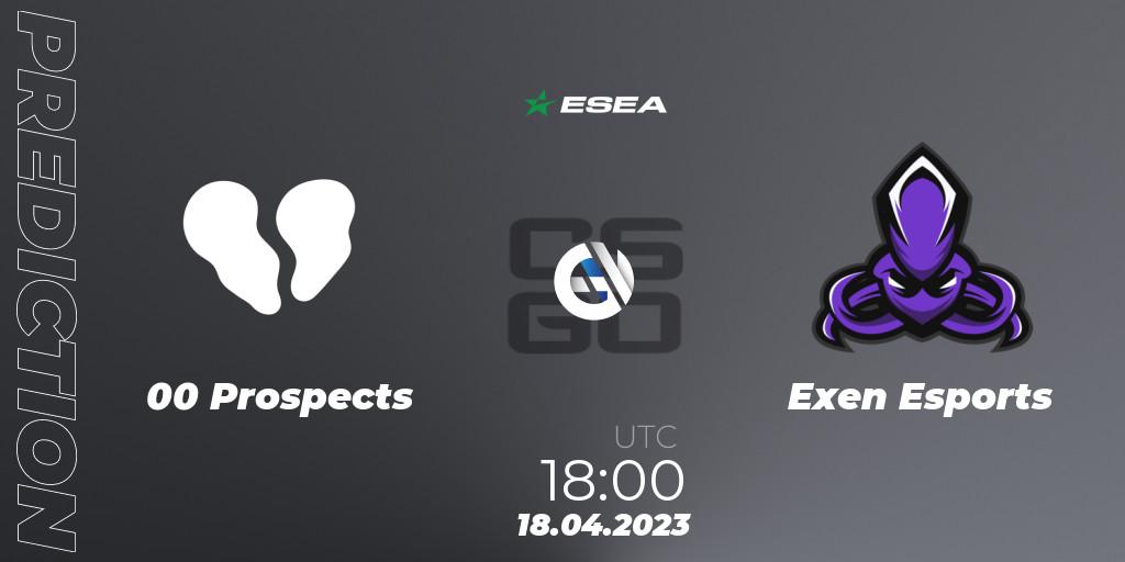 Pronósticos 00 Prospects - Exen Esports. 18.04.2023 at 18:00. ESEA Season 45: Advanced Division - Europe - Counter-Strike (CS2)