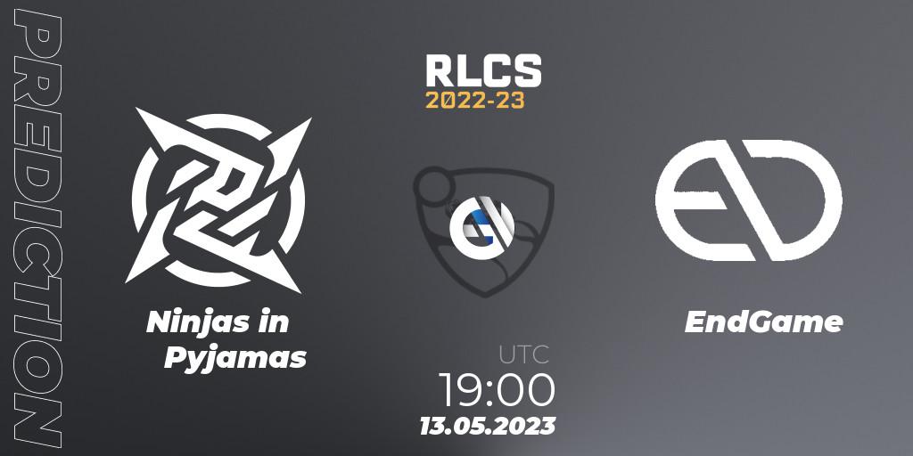 Pronósticos Ninjas in Pyjamas - EndGame. 13.05.2023 at 19:45. RLCS 2022-23 - Spring: South America Regional 1 - Spring Open - Rocket League