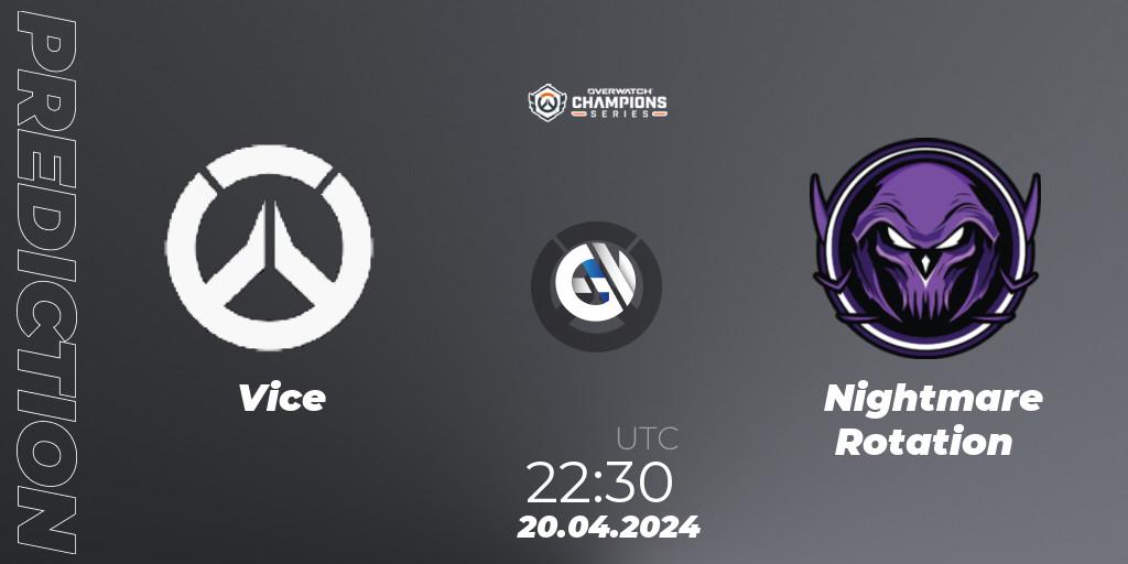 Pronósticos Vice - Nightmare Rotation. 20.04.2024 at 22:30. Overwatch Champions Series 2024 - North America Stage 2 Group Stage - Overwatch