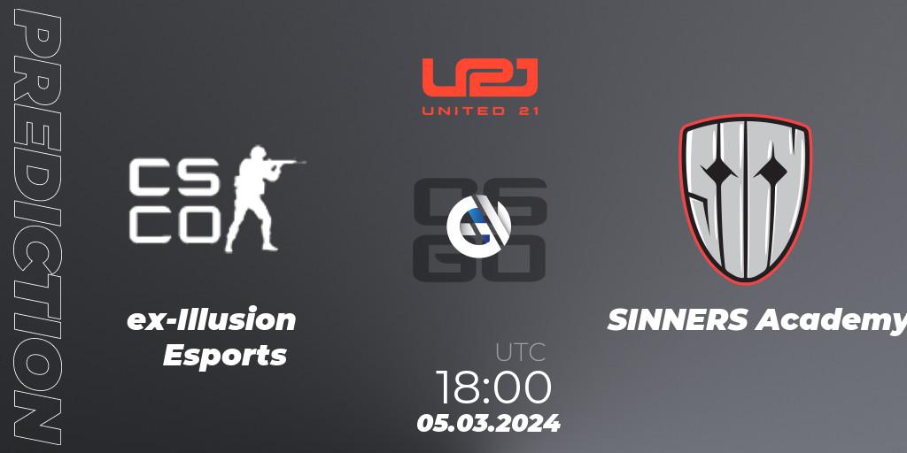 Pronósticos ex-Illusion Esports - SINNERS Academy. 05.03.2024 at 18:00. United21 Season 11: Division 2 - Counter-Strike (CS2)