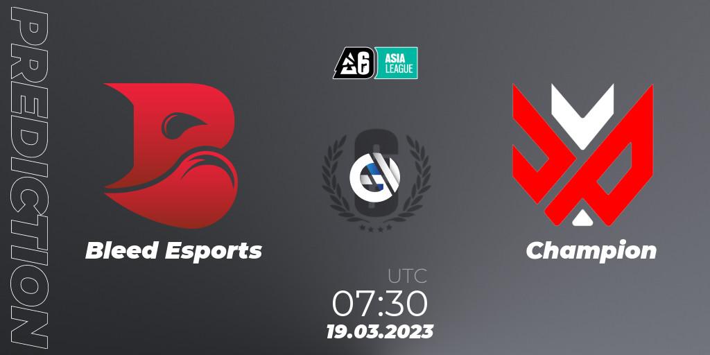Pronósticos Bleed Esports - Champion. 19.03.2023 at 07:30. SEA League 2023 - Stage 1 - Rainbow Six