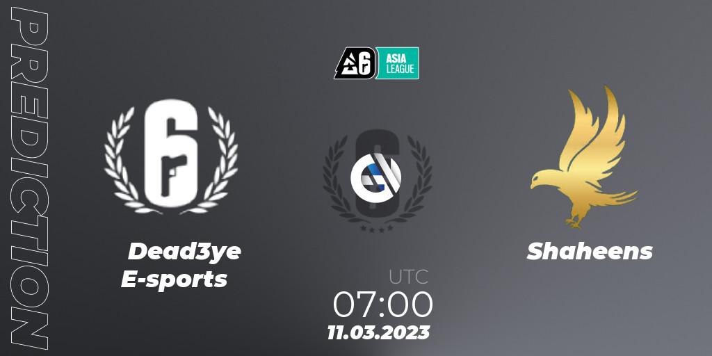 Pronósticos Dead3ye E-sports - Shaheens. 11.03.2023 at 08:00. South Asia League 2023 - Stage 1 - Rainbow Six