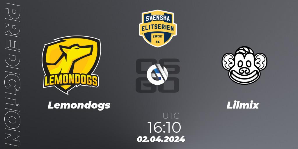 Pronósticos Lemondogs - Lilmix. 04.04.2024 at 16:10. Svenska Elitserien Spring 2024 - Counter-Strike (CS2)
