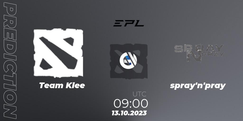 Pronósticos Team Klee - spray'n'pray. 13.10.2023 at 09:00. European Pro League Season 13 - Dota 2