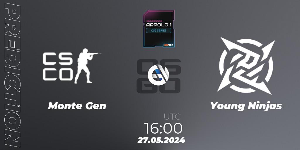 Pronósticos Monte Gen - Young Ninjas. 27.05.2024 at 16:00. Appolo1 Series: Phase 2 - Counter-Strike (CS2)