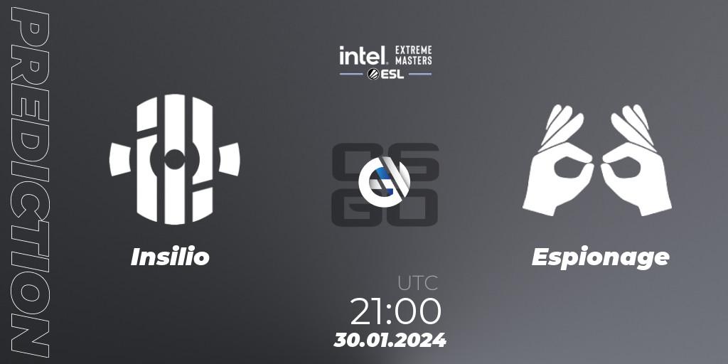 Pronósticos Insilio - Espionage. 30.01.2024 at 21:00. Intel Extreme Masters China 2024: European Open Qualifier #2 - Counter-Strike (CS2)