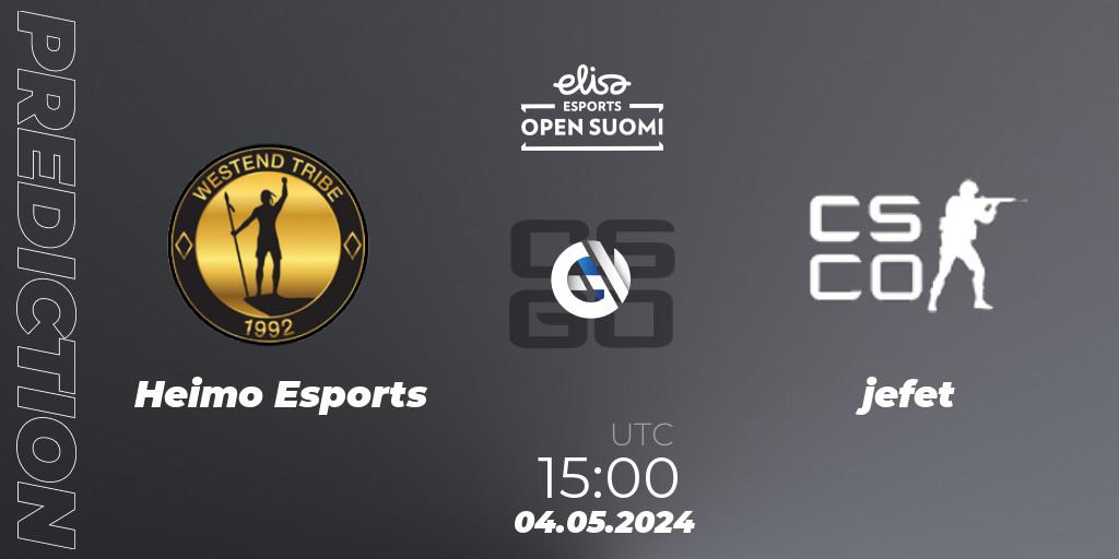 Pronósticos Heimo Esports - jefet. 04.05.2024 at 15:00. Elisa Open Suomi Season 6 - Counter-Strike (CS2)