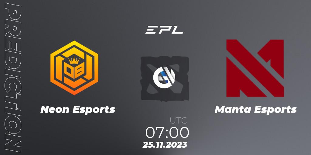 Pronósticos Neon Esports - Manta Esports. 25.11.2023 at 07:30. EPL World Series: Southeast Asia Season 1 - Dota 2