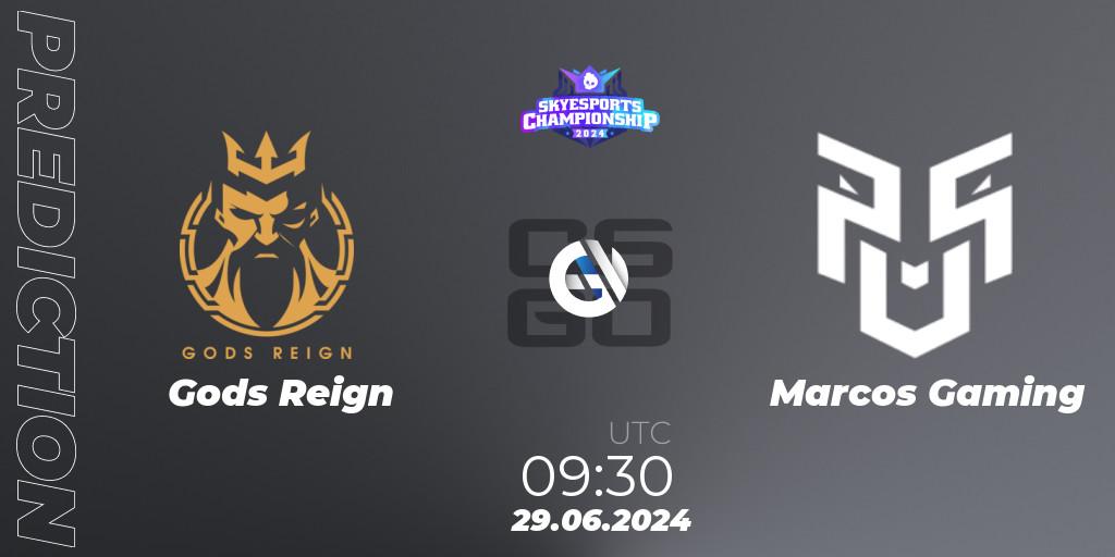 Pronósticos Gods Reign - Marcos Gaming. 29.06.2024 at 09:30. Skyesports Championship 2024: Indian Qualifier - Counter-Strike (CS2)