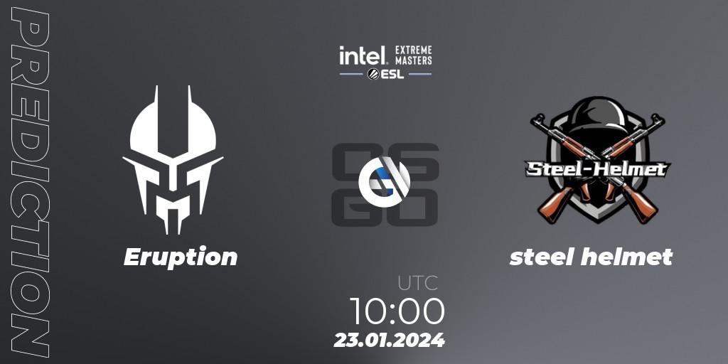 Pronósticos Eruption - steel helmet. 23.01.2024 at 10:10. Intel Extreme Masters China 2024: Asian Open Qualifier #1 - Counter-Strike (CS2)