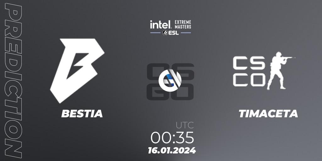 Pronósticos BESTIA - TIMACETA. 16.01.2024 at 00:35. Intel Extreme Masters China 2024: South American Open Qualifier #2 - Counter-Strike (CS2)