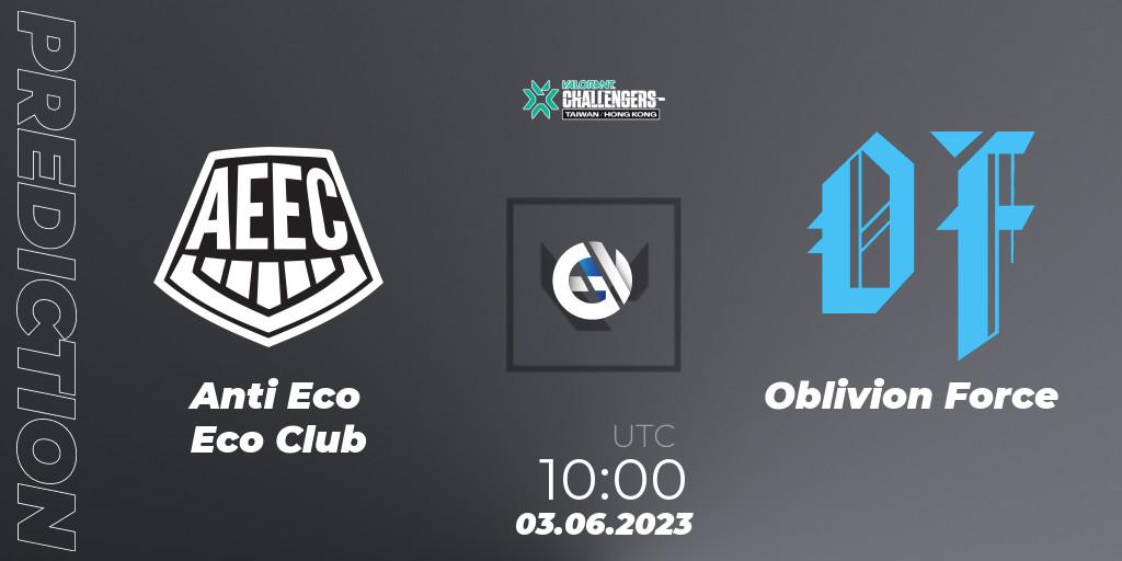 Pronósticos Anti Eco Eco Club - Oblivion Force. 03.06.2023 at 10:00. VALORANT Challengers 2023: Hong Kong and Taiwan Split 2 - VALORANT