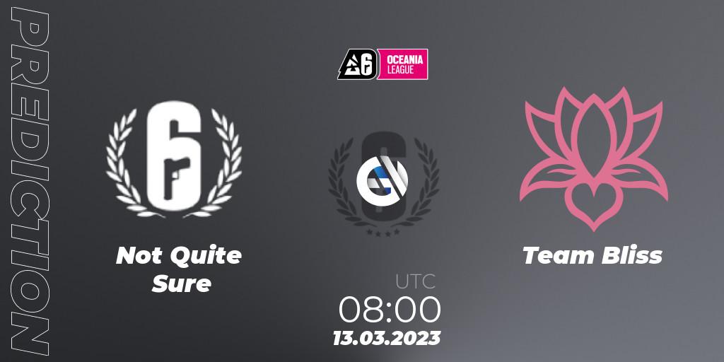 Pronósticos Not Quite Sure - Team Bliss. 13.03.2023 at 10:15. Oceania League 2023 - Stage 1 - Rainbow Six