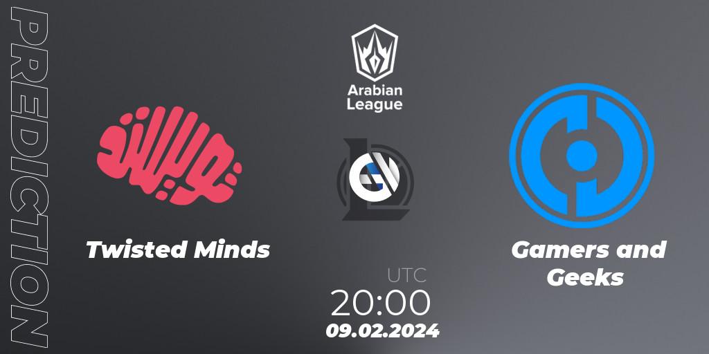 Pronósticos Twisted Minds - Gamers and Geeks. 09.02.2024 at 20:00. Arabian League Spring 2024 - LoL
