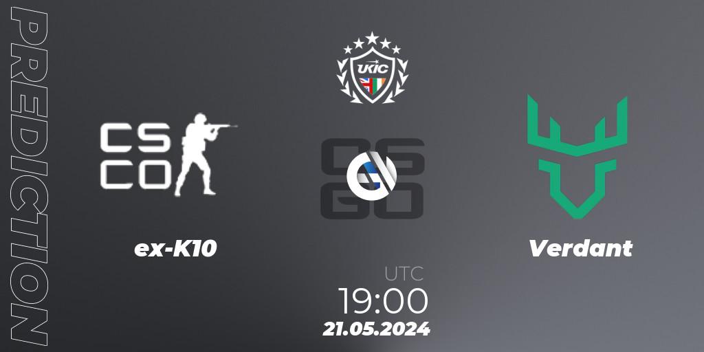 Pronósticos ex-K10 - Verdant. 21.05.2024 at 19:00. UKIC League Season 2: Division 1 - Counter-Strike (CS2)