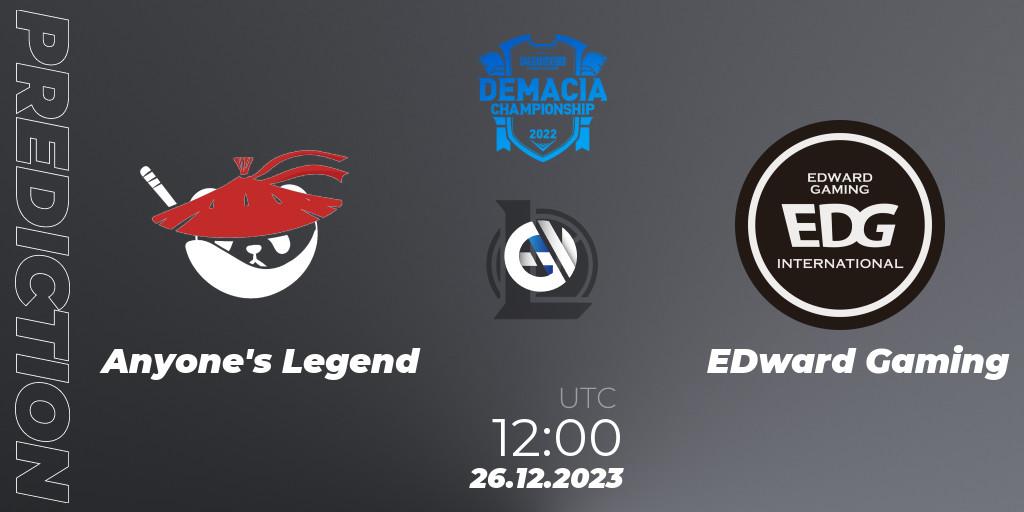 Pronósticos Anyone's Legend - EDward Gaming. 26.12.23. Demacia Cup 2023 Group Stage - LoL