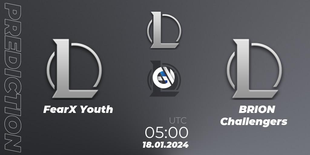 Pronósticos FearX Youth - BRION Challengers. 18.01.2024 at 05:00. LCK Challengers League 2024 Spring - Group Stage - LoL