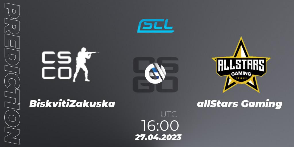 Pronósticos BiskvitiZakuska - allStars Gaming. 27.04.2023 at 18:00. SCL Season 9: Challenger Division - Counter-Strike (CS2)