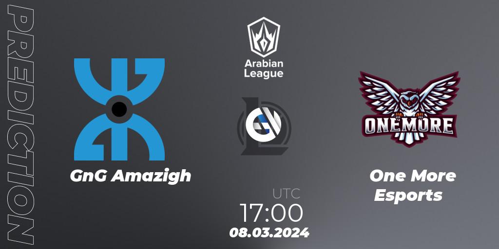 Pronósticos GnG Amazigh - One More Esports. 08.03.2024 at 17:00. Arabian League Spring 2024 - LoL