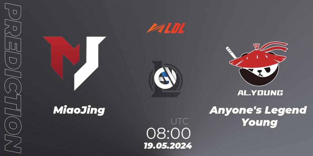 Pronósticos MiaoJing - Anyone's Legend Young. 19.05.2024 at 08:00. LDL 2024 - Stage 2 - LoL