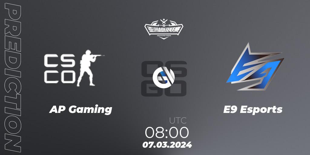 Pronósticos AP Gaming - E9 Esports. 07.03.2024 at 08:30. Asian Super League Season 2 - Counter-Strike (CS2)