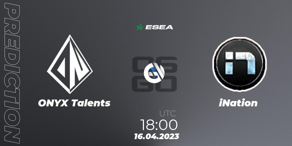 Pronósticos ONYX Talents - iNation. 19.04.2023 at 19:00. ESEA Season 45: Advanced Division - Europe - Counter-Strike (CS2)