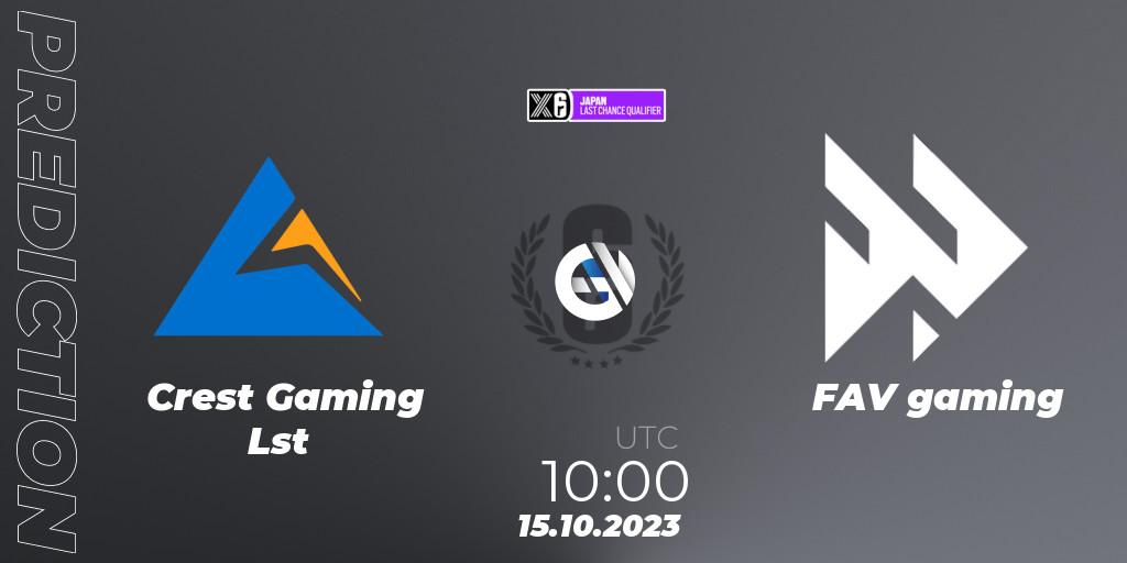 Pronósticos Crest Gaming Lst - FAV gaming. 15.10.23. Japan League 2023 - Stage 2 - Last Chance Qualifiers - Rainbow Six