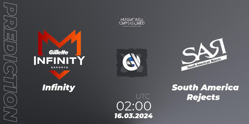 Pronósticos Infinity - South America Rejects. 14.03.2024 at 22:00. Maincard Unmatched - March - Dota 2