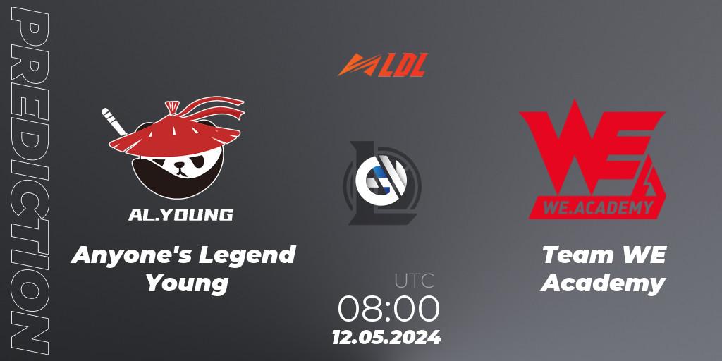 Pronósticos Anyone's Legend Young - Team WE Academy. 12.05.2024 at 08:00. LDL 2024 - Stage 2 - LoL