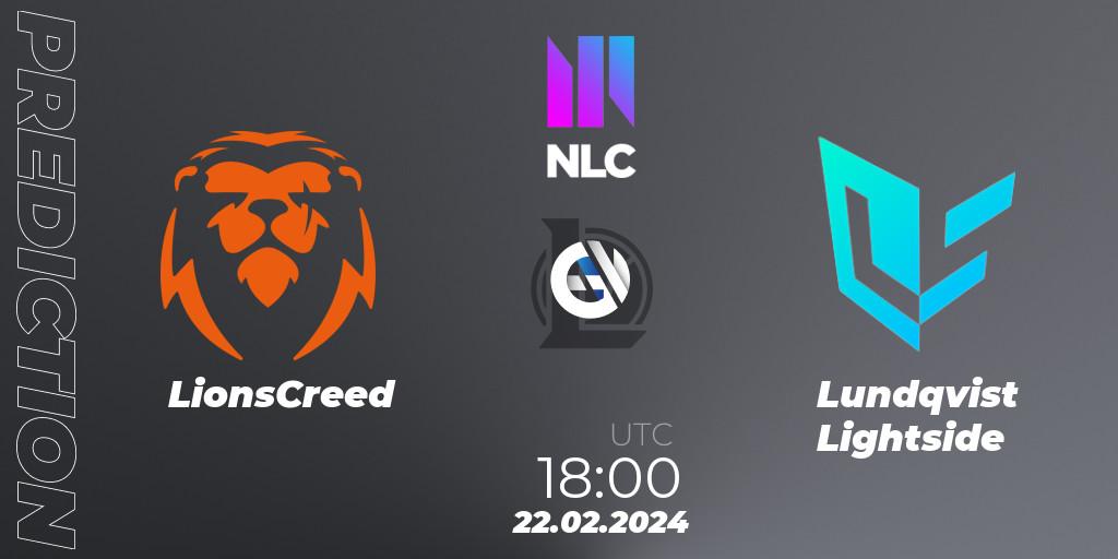 Pronósticos LionsCreed - Lundqvist Lightside. 22.02.2024 at 18:00. NLC 1st Division Spring 2024 - LoL