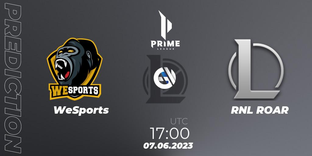 Pronósticos WeSports - RNL ROAR. 07.06.2023 at 17:00. Prime League 2nd Division Summer 2023 - LoL