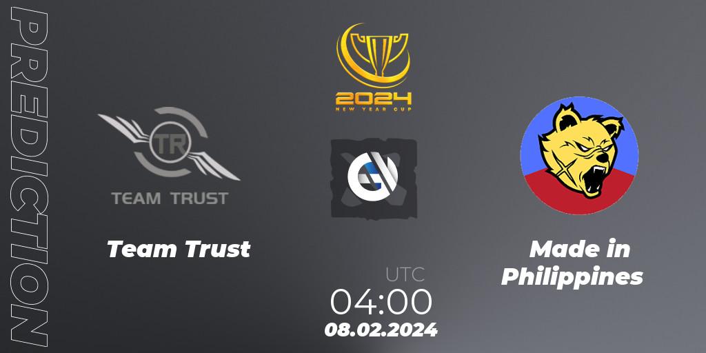 Pronósticos Team Trust - Made in Philippines. 08.02.2024 at 05:00. New Year Cup 2024 - Dota 2