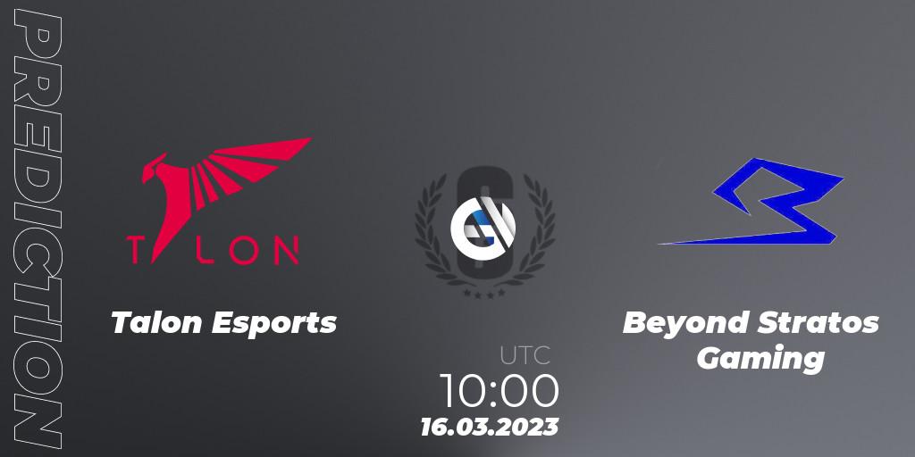 Pronósticos Talon Esports - Beyond Stratos Gaming. 16.03.2023 at 10:00. South Korea League 2023 - Stage 1 - Rainbow Six