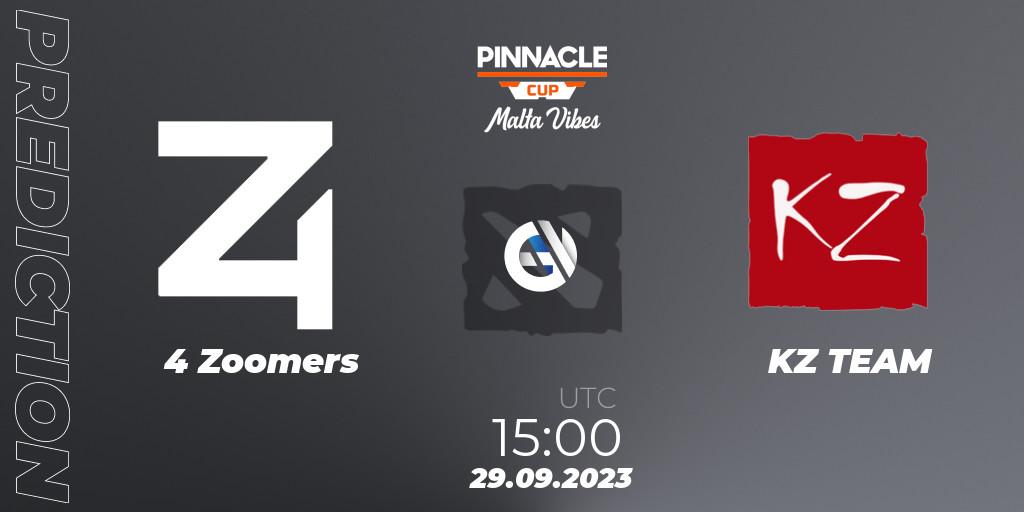 Pronósticos 4 Zoomers - KZ TEAM. 29.09.2023 at 15:15. Pinnacle Cup: Malta Vibes #4 - Dota 2