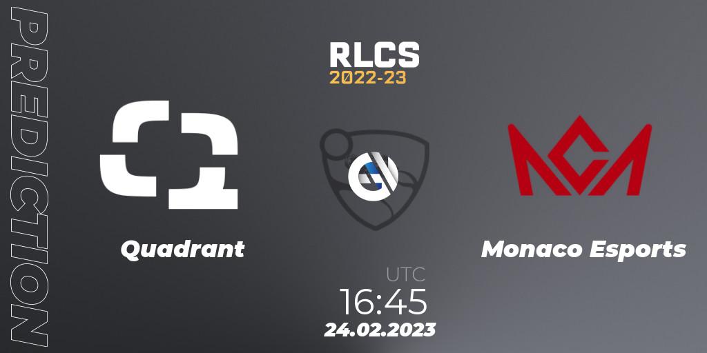 Pronósticos Quadrant - Monaco Esports. 24.02.2023 at 16:45. RLCS 2022-23 - Winter: Europe Regional 3 - Winter Invitational - Rocket League