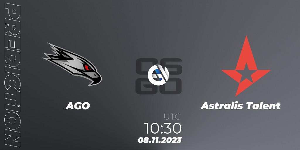 Pronósticos AGO - Astralis Talent. 08.11.2023 at 12:00. European Pro League Season 12: Division 2 - Counter-Strike (CS2)