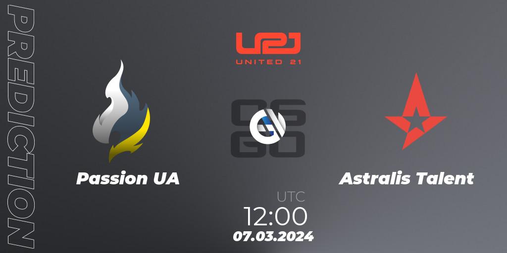 Pronósticos Passion UA - Astralis Talent. 07.03.2024 at 12:00. United21 Season 12 - Counter-Strike (CS2)